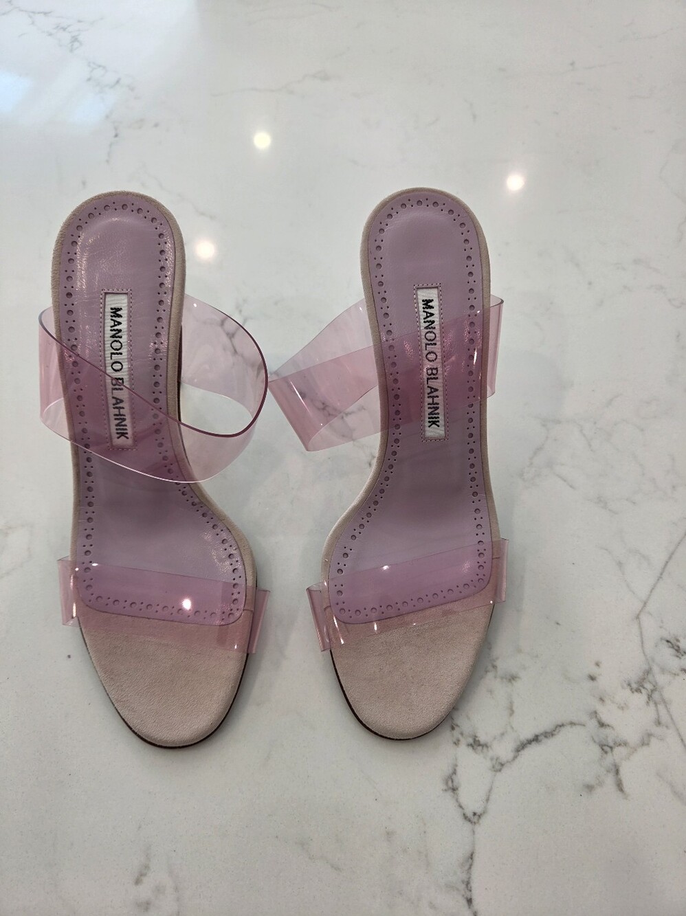 Manolo Blahnik Pink Clear Strap Slide Sandals Size 34